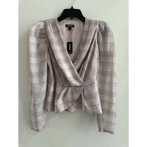 Express Check Print Faux Wrap Front Peplum Top blouse size Xsmall - Picture 5 of 15